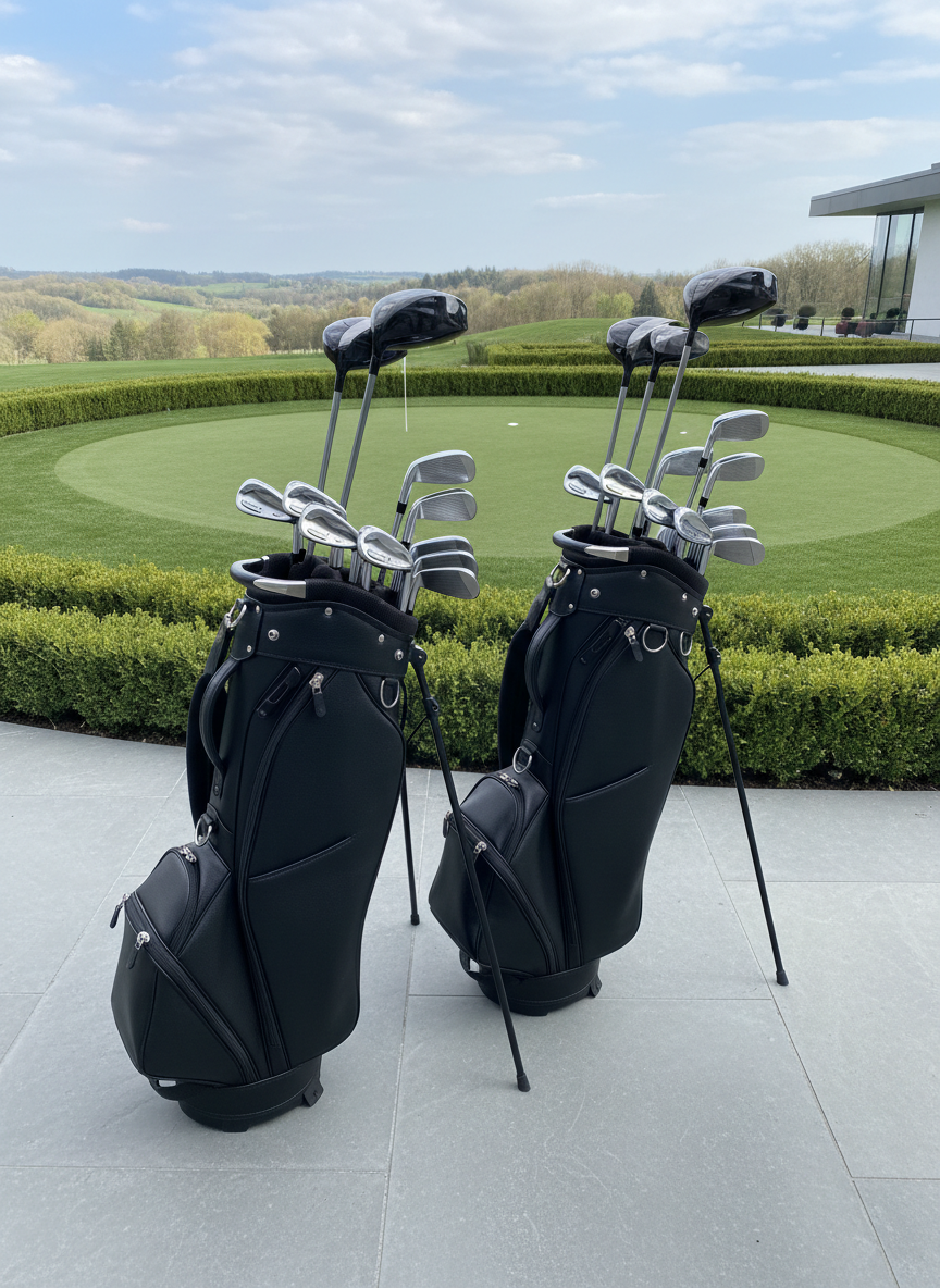 A pair of perfectly arranged high-end golf bags crafted from matte black leather and brushed steel accents, each bag featuring neatly organized, gleaming clubs aligned with precision. The bags rest side by side on a smooth slate patio near a neatly cut practice green, framed by low, manicured boxwood hedges. Overhead, soft, diffused midday light highlights the fine textures of the leather and metal surfaces, creating subtle contrast and crisp definition. Captured from a slightly elevated, oblique angle, the composition enhances the sense of teamwork and duality, with clean, professional styling reinforcing a sense of reliable structure and unity.